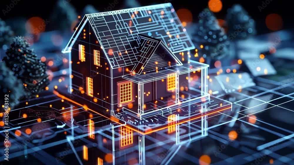 Poster glowing lines and nodes form a futuristic blueprint of a smart home, symbolizing innovation in archi