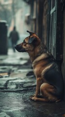 Lonely Dog Sitting on a Rainy Street