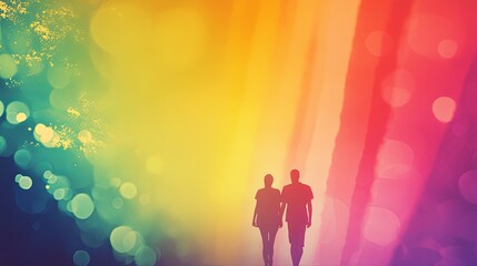 Fototapeta premium Couple walking hand in hand through a vibrant rainbow-colored pathway in an outdoor setting during a sunny day
