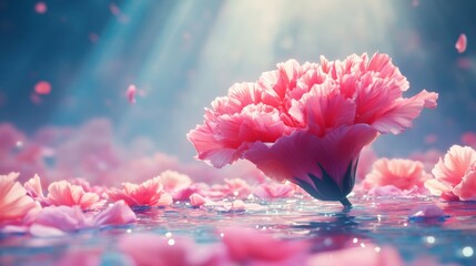 A blooming pink flower surrounded by petals, illuminated by soft light in a serene setting.