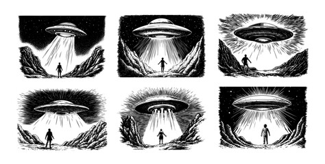 Alien saucer engraving stealing man. Ray projector back view human walking character explore mountains landscape ufo, extraterrestrial life greeting hand drawn black monochrome isolated vectors
