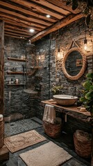 Cozy Rustic Bathroom with Stone Walls, Wooden Ceiling, Unique Lighting and Natural Decor Creating a Relaxing Atmosphere for Home Spa Experience