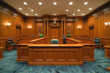 Courtroom interior with wooden desks and chairs, suitable for legal or educational settings