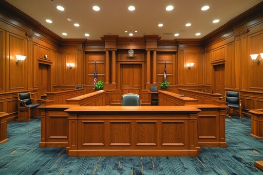 Courtroom interior with wooden desks and chairs, suitable for legal or educational settings
