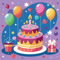 Colorful Birthday Cake With Presents and Balloons