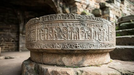 Ancient Stone Structure with Intricate Engravings and Symbolism, Displaying Cultural Heritage and Historical Significance in a Mysterious Setting