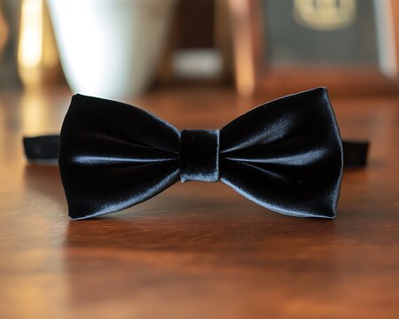 Black velvet bow tie laid flat on a wooden desk with soft lighting from the side
