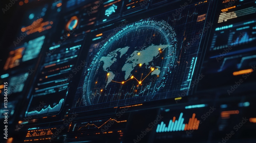 Aufkleber Digital interface displaying a global network with data visualizations and statistics.