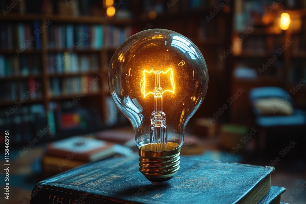 Poster A light bulb is placed on top of an open book, a simple yet striking combination