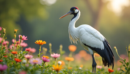 Fototapeta premium Beautiful crane standing among colorful flowers in a garden at sunset