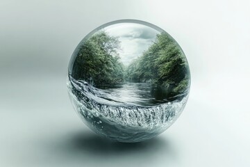 Glass Orb Encapsulates River And Lush Green Trees