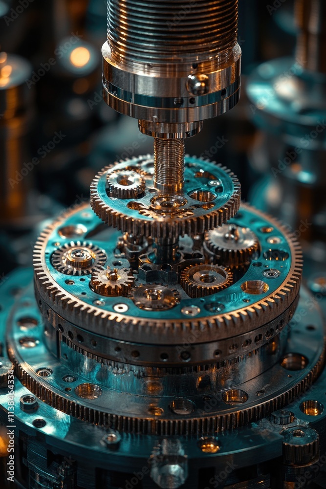 Poster Close-up shot of a mechanical device with visible gears, suitable for use in industrial or technical contexts