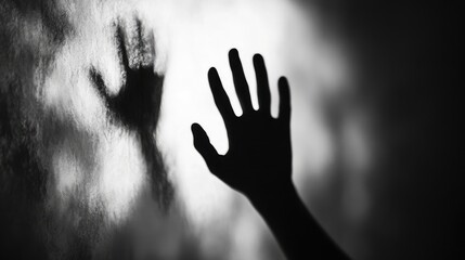 Blurred silhouette of hands reaching out against a textured background creating an abstract and emotional atmosphere.
