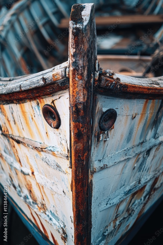 Poster a close-up view of a boat floating on the surface of a body of water, with no signs of movement or d