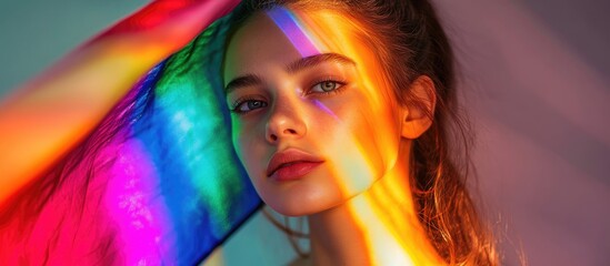 Fototapeta premium Young woman with rainbow reflection on her face holding a flag vibrant colors and light creating a striking and artistic portrait
