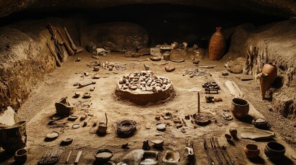 Ancient Artifacts in a Archaeological Site Showcasing Unique Pottery, Tools, and Cultural Relics from a Historical Civilization in a Cave Environment