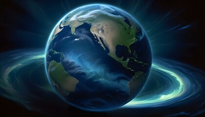 Fototapeta premium Un planeta Tierra azul brillante en el espacio sobre un fondo oscuro, con las Américas visibles