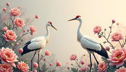 Obraz premium Elegant cranes standing amidst blooming peonies in a serene artistic composition