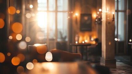 Elegant bokeh lighting with blurred interior background creating a warm and inviting atmosphere in a modern setting