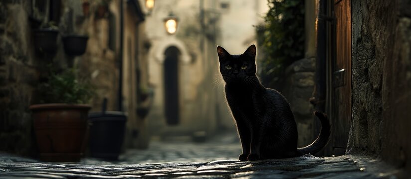 Black cat sitting in a narrow historic alleyway illuminated by soft street lights at dusk