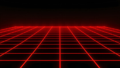 Futuristic red neon grid background with dark horizon