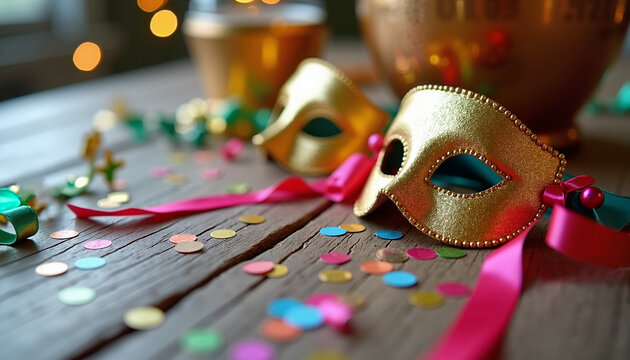 Colorful masks with golden accents rest on a wooden table, surrounded by confetti and festive decorations, creating a joyful atmosphere for Purim carnival festivities - Powered by Adobe