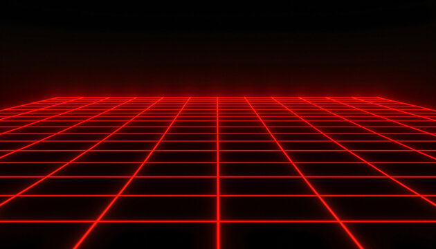 Futuristic red neon grid background with dark horizon