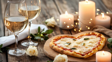 heart shaped pizza on wooden board surrounded by candles, white roses, and two glasses of wine, creating romantic and cozy atmosphere
