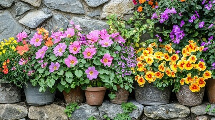 A Vibrant Selection of Colorful Flowers in Clay Pots Against a Rustic Stone Wall Showcasing Nature's Beauty in a Serene Garden Setting