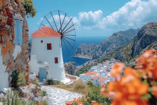 A windmill standing tall on a hill overlooking a calm body of water