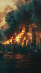Obraz premium Dramatic Scene of Urban Destruction with Flames and Smoke Engulfing Skyscrapers in a Fiery Apocalypse Overlooking a Dark Water Body at Dusk