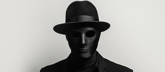 Mysterious figure in black mask and hat posing against a minimalistic white background showcasing anonymity and intrigue in composition