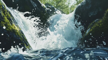 Majestic waterfall cascading over lush moss-covered rocks in a serene natural landscape setting