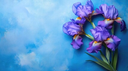 Vibrant violet iris flowers arranged elegantly on a soothing blue background showcasing natural beauty and floral elegance