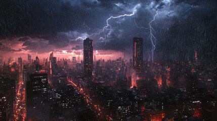 Obraz premium Dramatic Thunderstorm Over a Cityscape with Stormy Clouds, Lightning Strikes, and Rainfall Creating an Intense Urban Atmosphere at Night