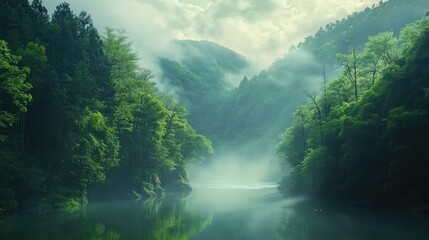 Serene misty river flowing through lush green forests under soft light in a tranquil natural setting.