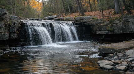 Fototapeta premium Serene Cascading Waterfalls Surrounded by Lush Forest and Autumn Foliage in a Peaceful Natural Landscape