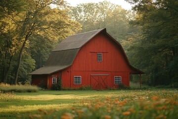 Obraz premium A classic red barn situated in a green field with no surrounding buildings or obstacles