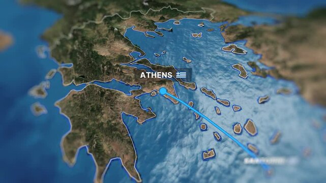 3D animated map showcasing a flight route from Santorini to Athens. Ideal for travel videos, tourism promotions, and corporate presentations.