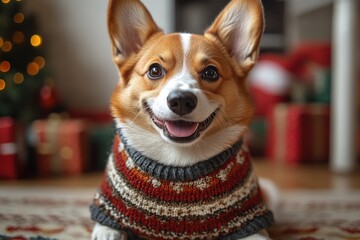 A dog wearing a cozy sweater, great for winter or outdoor use
