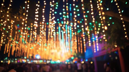 Fototapeta premium Abstract blurred background of vibrant nightclub party atmosphere with colorful lights illuminating a crowd during a festive evening event