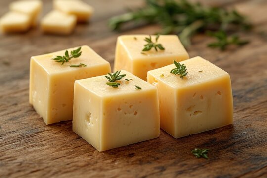 A set of four cheese cubes with a sprig of rosemary on top, perfect for serving as an appetizer or snack