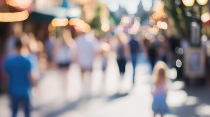 Blurred view of a vibrant theme park filled with indistinct people enjoying a sunny day creating a lively atmosphere of joy and excitement