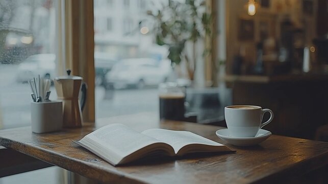 Cozy cafe scene open book, coffee, rainy day.