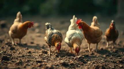 Fototapeta premium A group of colorful chickens energetically scratches the soft earth in search of food, showcasing their lively behavior in a tranquil outdoor setting