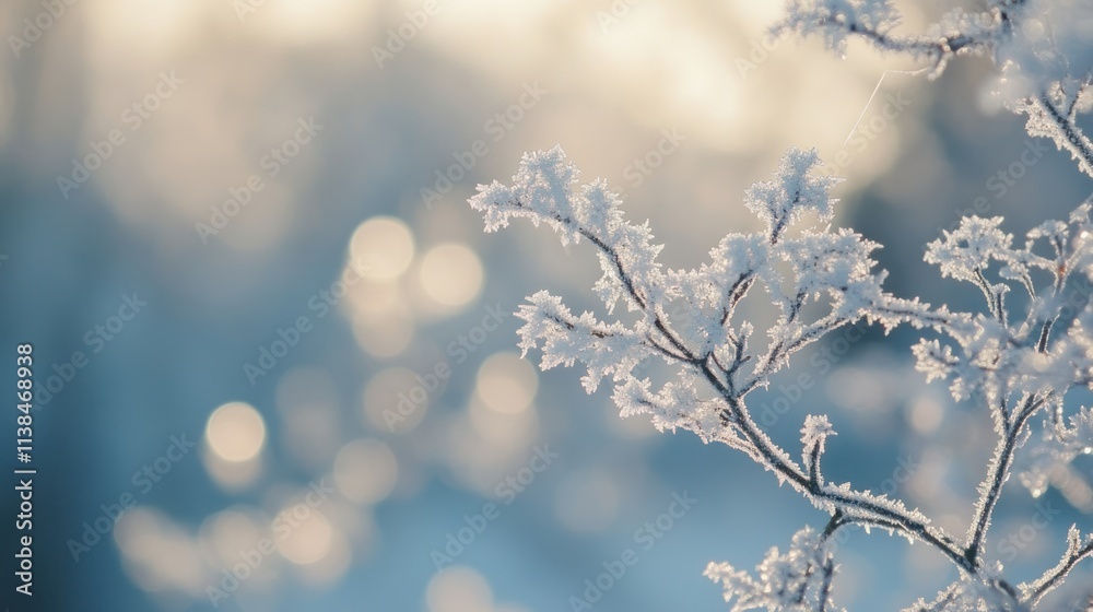 Poster frost-covered branches glisten in soft light, creating a serene winter atmosphere.