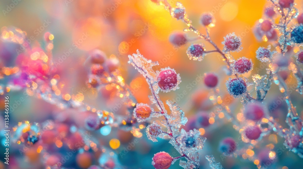 Poster frost-covered branches with colorful berries glistening in soft light.