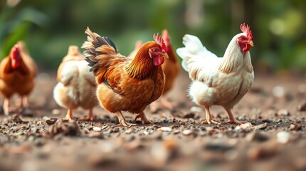 Fototapeta premium In a sunlit backyard, a group of chickens energetically scratches the dirt while searching for seeds and insects, embodying the joy of rural life
