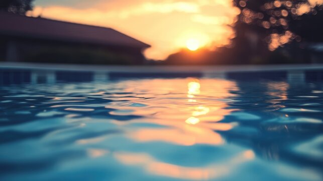 Serene blurred view of a swimming pool reflecting an evening sky with warm sunset colors and soft focus on water ripples