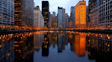 Fototapeta premium Chicago River at Dusk: Cityscape Reflection 